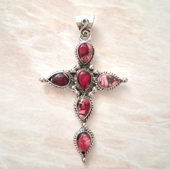 Artisan Jewelry - Artisan Handmade Red Rose Dahlia Turquoise 925 Sterling Silver Cross Pendant